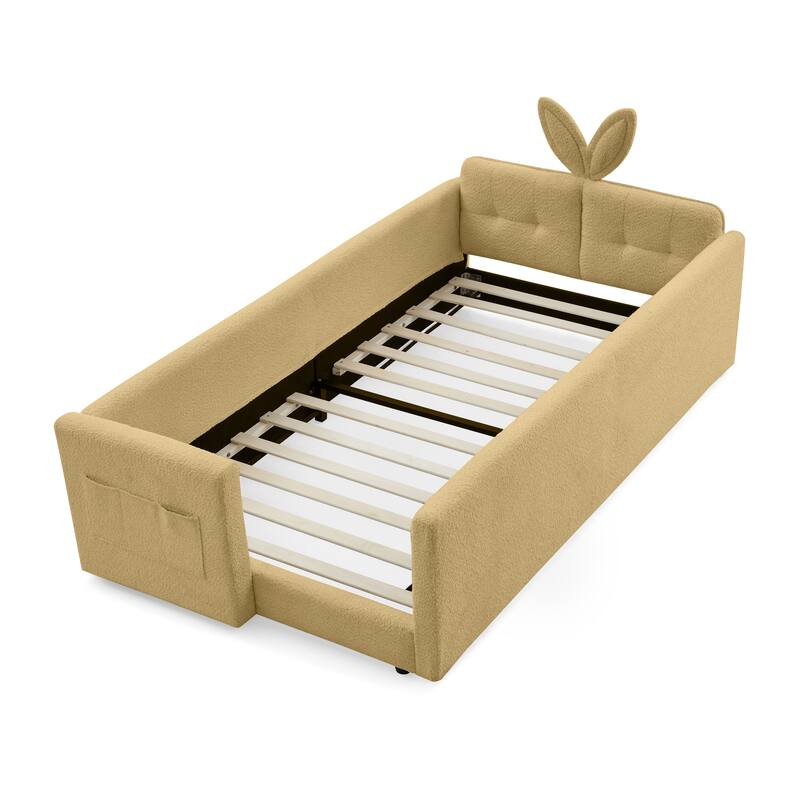 Twin Upholstered Platform Bed with Bunny Ear Headboard, Safety Rail & Pocket in Boucle Fabric