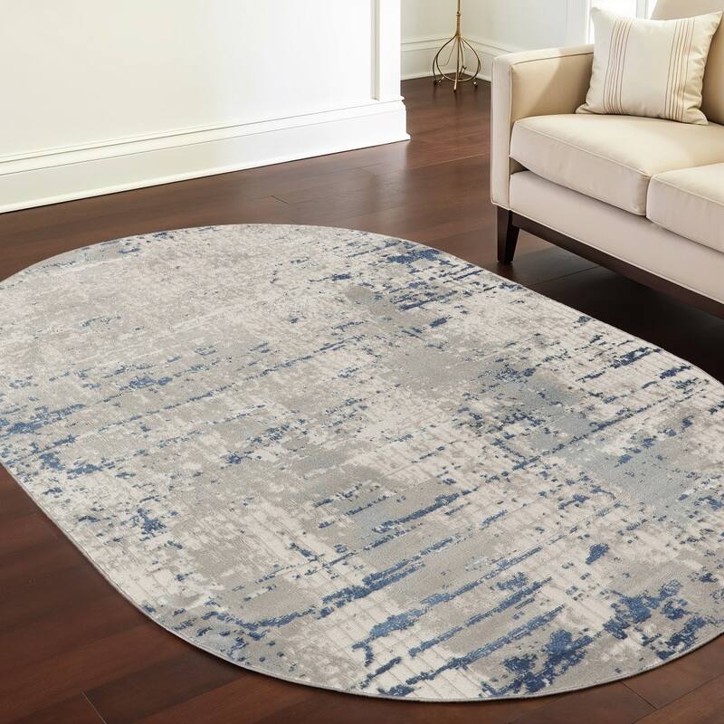 Loyaj Power Loomed Abstract Modern Durable Area Rug By HomeRoots - 96' X '60' X '0.32 - Gray and Ivory - Oval