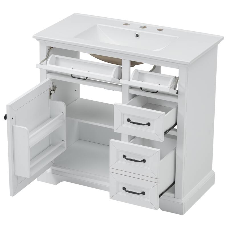 36" Bathroom Vanity With Sink, Ceramic Sink, 2 Tip-Out Drawers, Soft Close Door Hinges