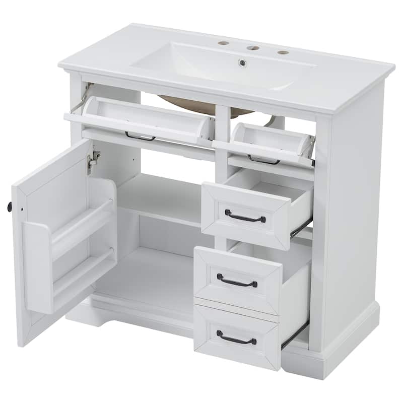 Grey 36-Inch Bathroom Vanity with 2 Tip-Out Drawers, Ceramic Sink, and Painted Finish