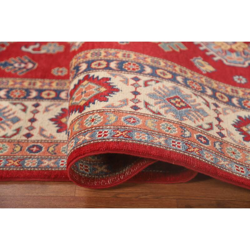 Red Kazak Area Rug Handmade Geometric Wool Carpet - 7'2"x 10'0"