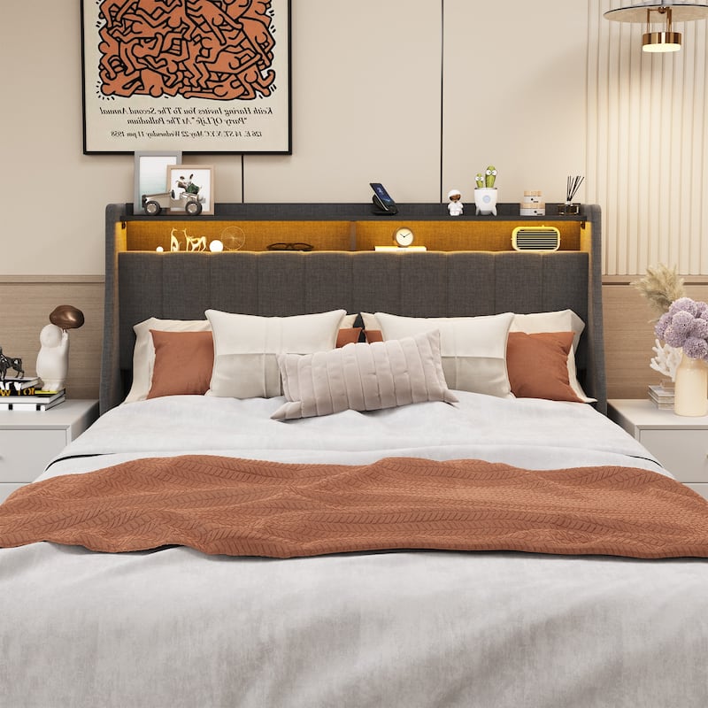 Low Profile Bed Wingback Upholstered Platform Bed with LED Lights, Stripe Headboard and 4 Under-bed Portable Storage Drawers