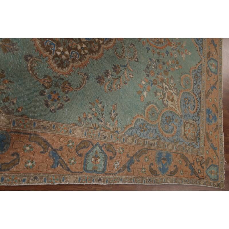 Turquoise Green Tabriz Persian Vintage Area Rug Handmade Wool Carpet - 7'6" x 10'10"
