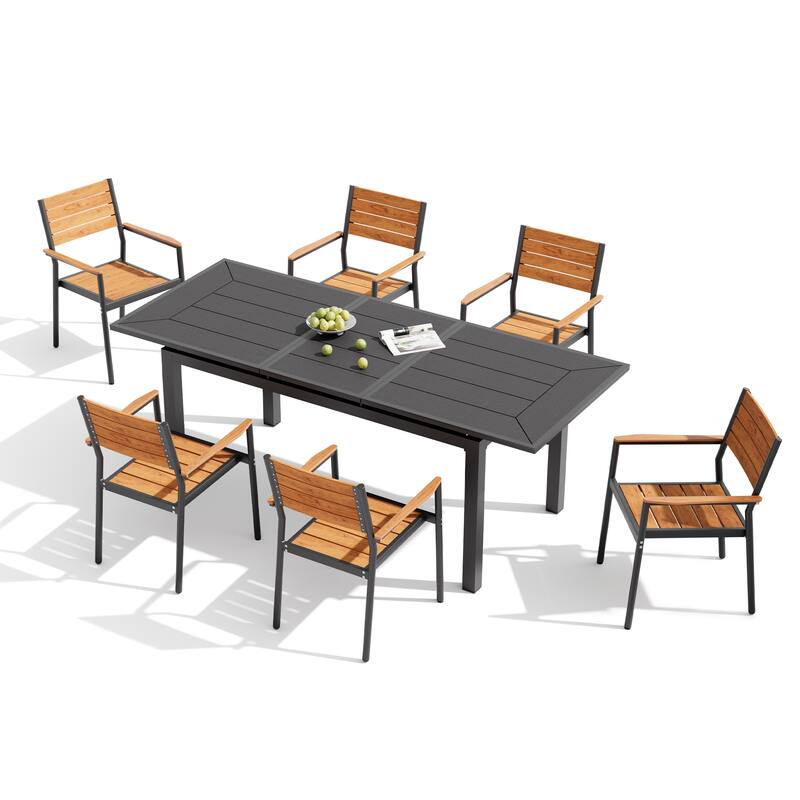 7PC Pellebant Outdoor Patio Aluminum Expandable Dining Table WPC Top with Stackable Armchairs