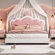 preview thumbnail 2 of 43, Cute Girl Princess Bed with Crown Headboard, PU Upholstered Platform Bed, Wood Panel Bed Low Profile Bed