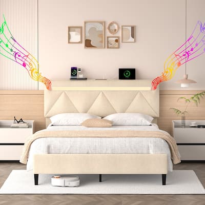 Queen Bed Frame with Headboard,Upholstered Platform Bed Frame Queen Size with Charging Station & LED Lights,Wooden Slats Support