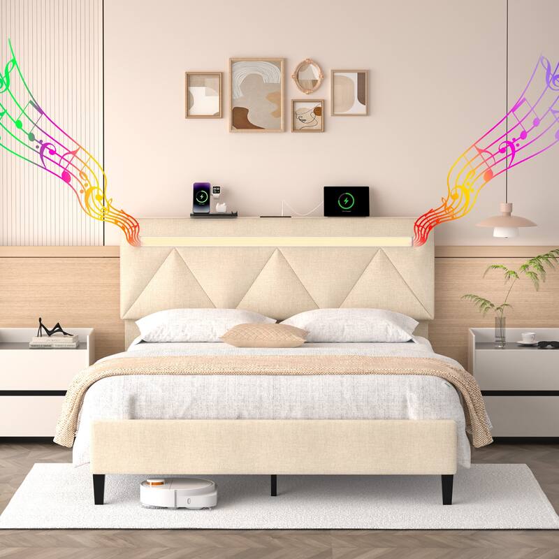 Upholstered Platform Bed Frame with Adjustable Height Headboard, Charging Station & LED Lights, Wooden Slats, Noise Free, Beige - Beige with Bluetooth - Queen