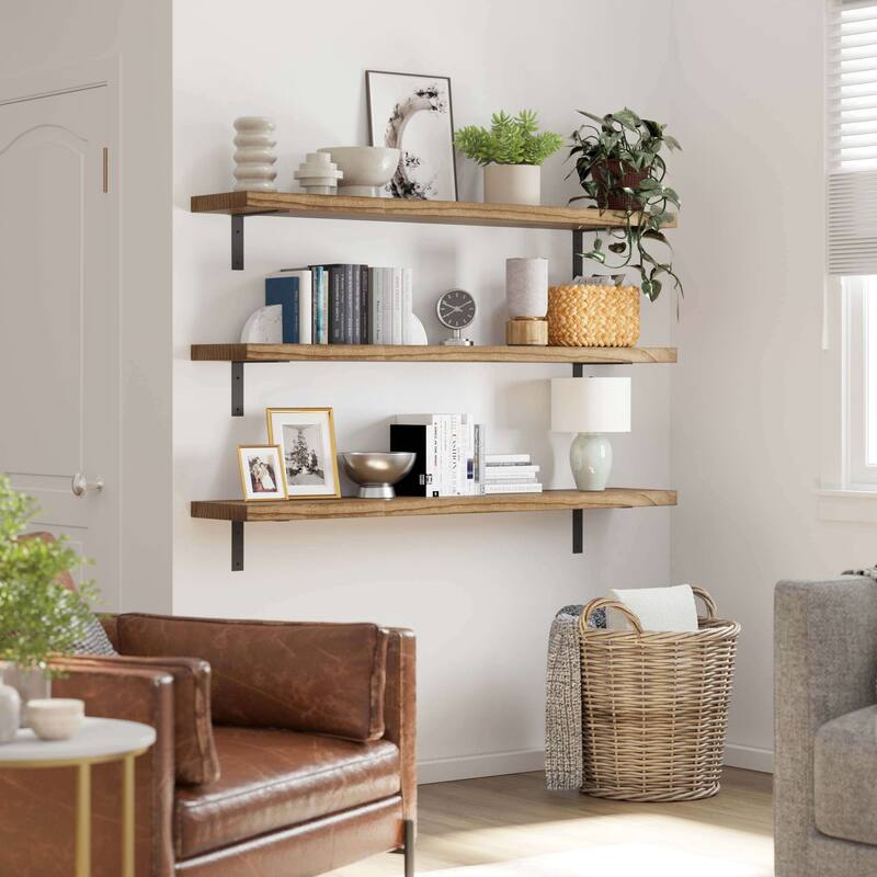 Wallniture Cervo Floating Shelves, Wall Bookshelves, 60" or 72'' Long, 11.25'' Deep, 1.5'' Thick Wood Board, Burnt
