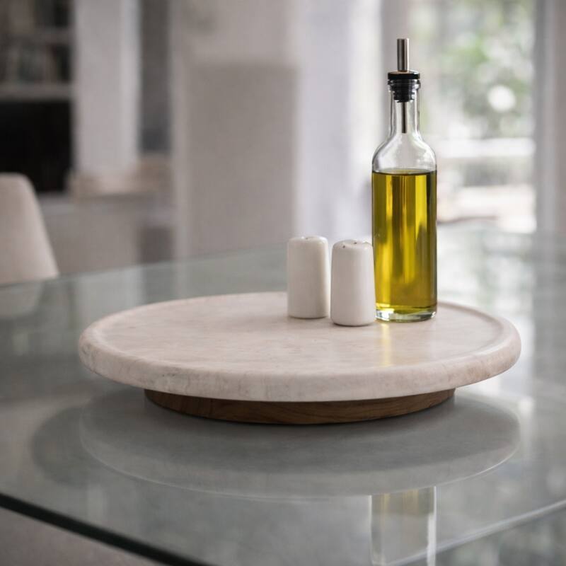 Decorative Tray - Ivory Wood Marble Round Lazy Susan - 16", Ivory - 16" x 16" x 2"