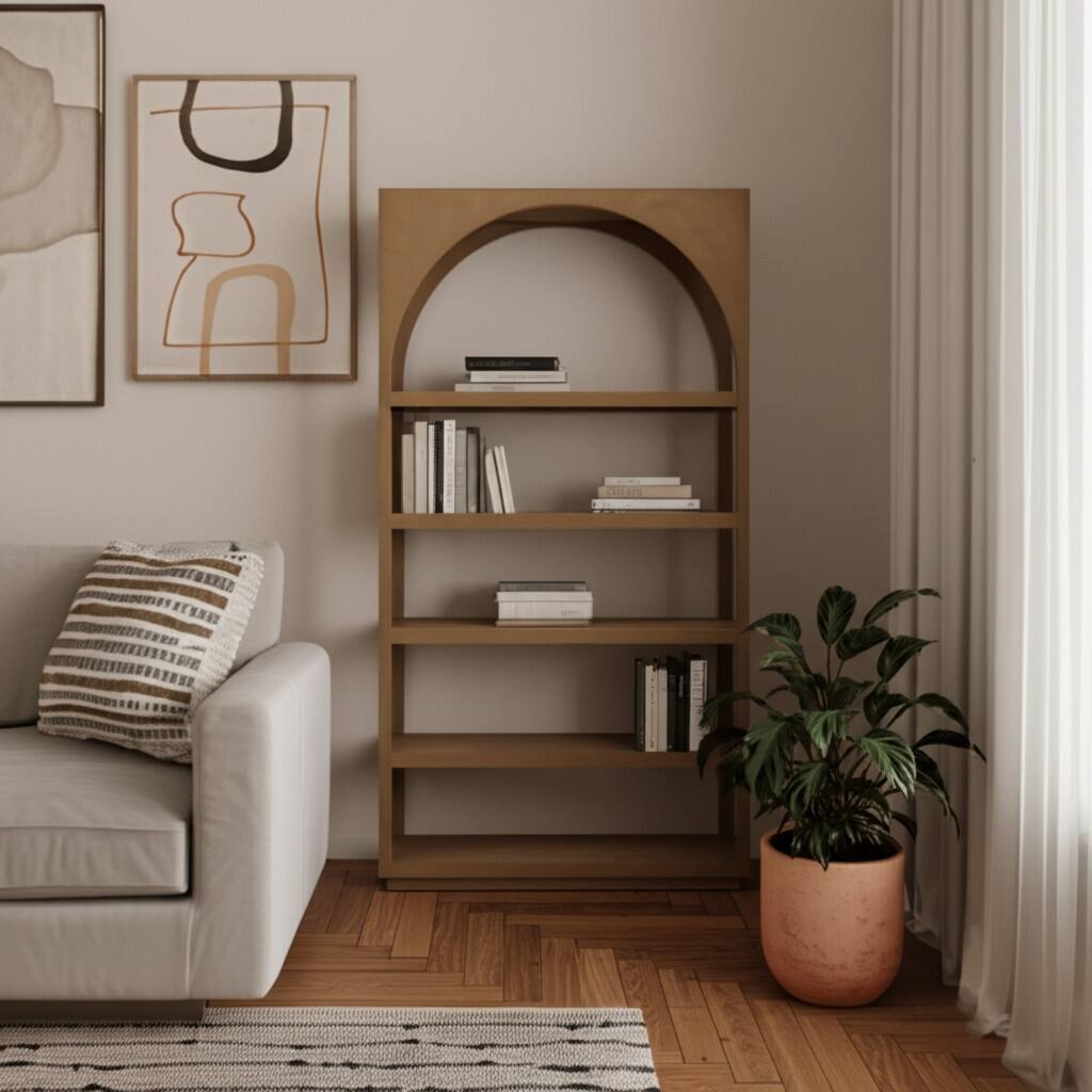 HomeRoots 47" Brown Arched Solid Wood Five Tier Bookcase