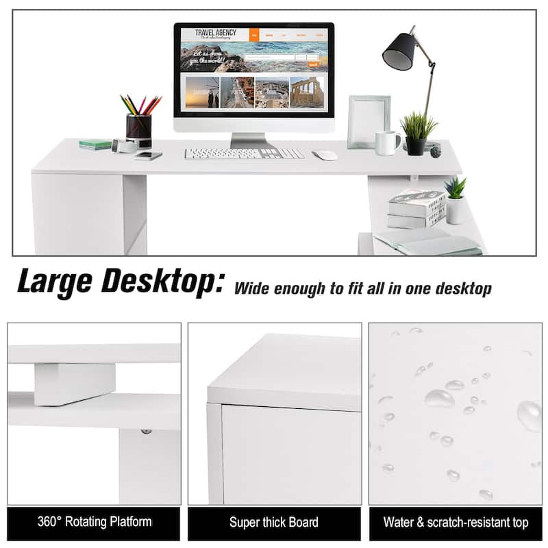 HOMCOM 55" Rotating Corner Computer Desk: L-Shaped Workstation, Storage Shelves