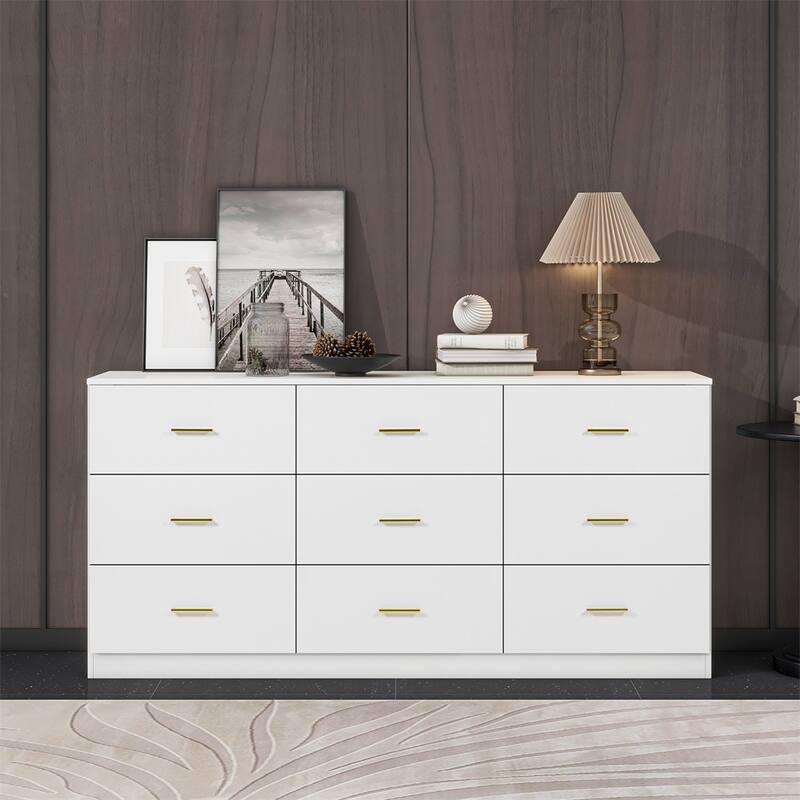Modern Minimalist 9-Drawer Dressing Table, Entryway Table with Gold Handles and Waterproof Design, for Bedroom - White