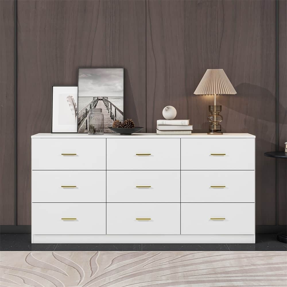 Modern Minimalist 9-Drawer Dressing Table, Entryway Table with Gold Handles and Waterproof Design, for Bedroom