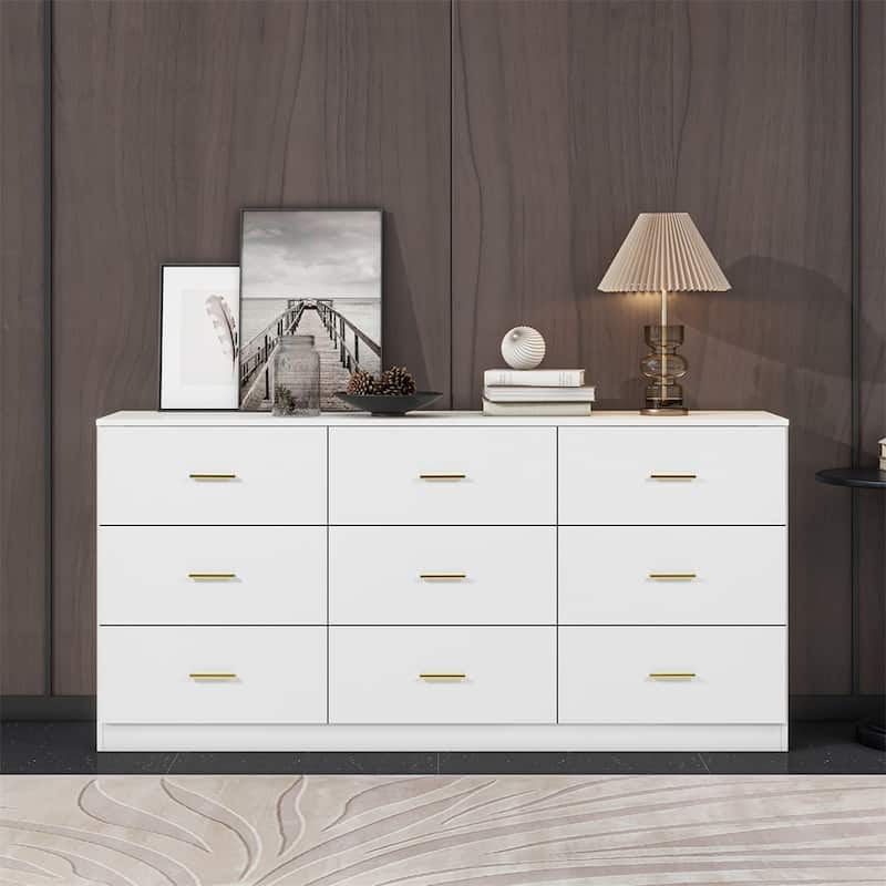 Modern White 9-Drawer Dresser for Bedroom - Ample Storage Wide Chest of Drawers, Sturdy & Safe - Antique White