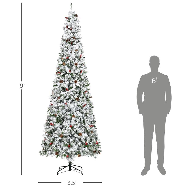 Realistic 9ft Pencil Snow Flocked Christmas Tree with Auto Open and Pine Branches, Xmas Decor for Home Office Holiday Party
