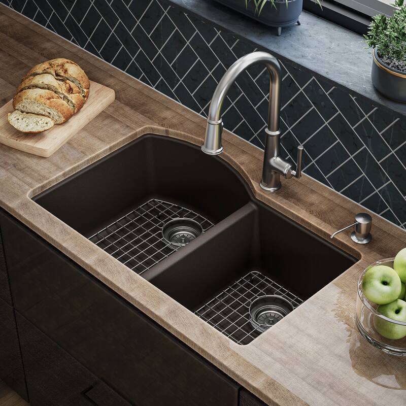 Karran Undermount Quartz 32 in. 60/40 Double Bowl Kitchen Sink Kit