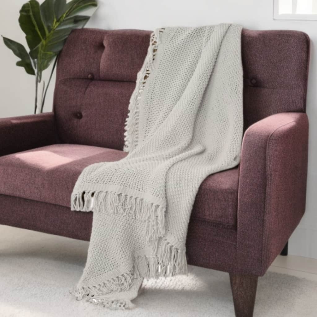 HomeRoots 50" X 60" White Cotton Knitted Throw Blanket with Fringe