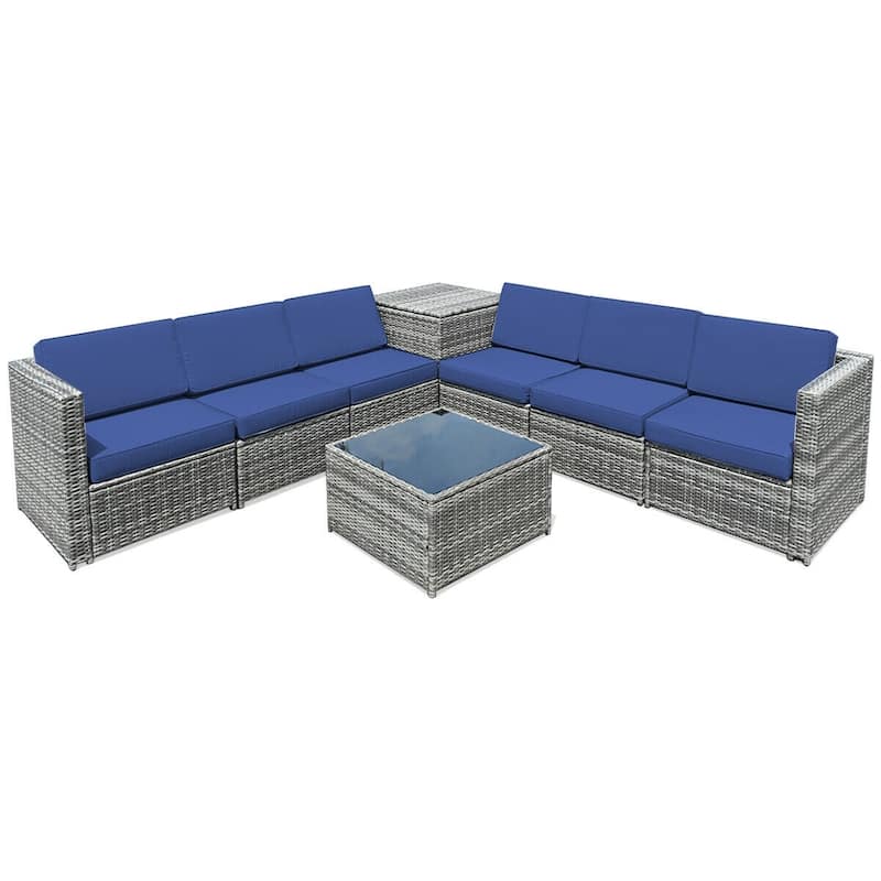 8 Piece Wicker Sofa Rattan Dinning Set Patio Furniture with Storage Table - 23" x 26" x 29.5"