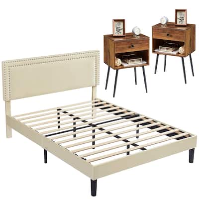 VECELO 3-Pieces Upholstered Platform Bed Frame with Adjustable Headboard and Nightstands Set of 2, Beige