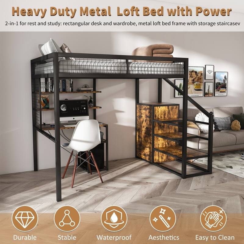 Heavy Metal Frame Full Size Loft Bed with Computer Desk,Built-In Staircase and Wardrobe
