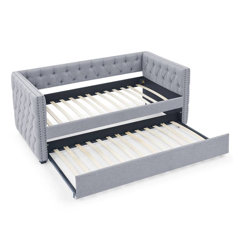 Twin Size Daybed with Twin Trundle Sofa Bed, with Button and Copper Nail on Square Arms, Grey