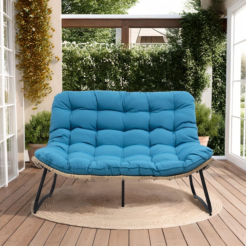 Double Papasan PE Rattan Chair Loveseat with Cushion For Indoor Outdoor