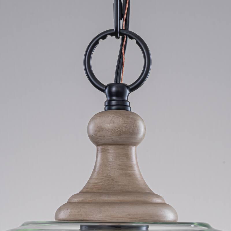 Starsky 1-Light Clear Glass Bell Jar / Cloche Pendant With Wood-Look Metal Accent - Cloche