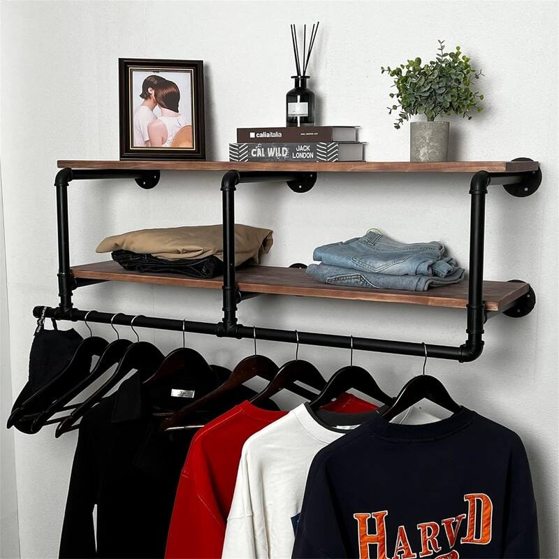 60In Industrial Pipe Clothing Rack with Top Shelf - 14.17"D x 42.52"W x 9.65"H