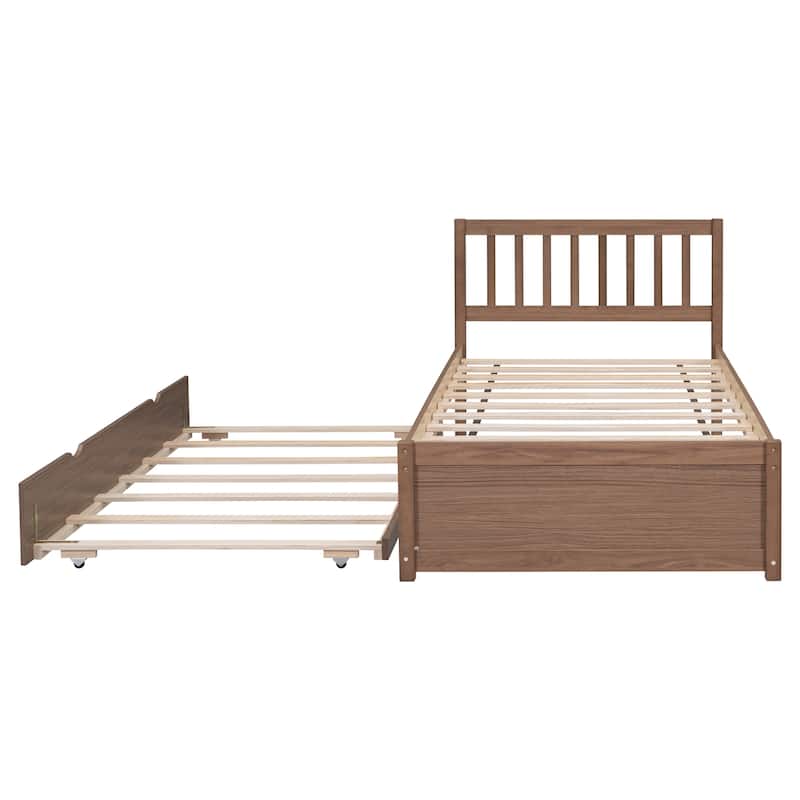 Modern Walnut Twin Platform Bed Frame with Trundle, Space-Saving Design