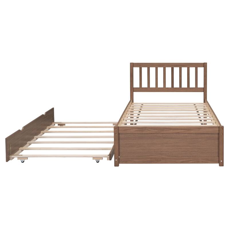 Twin Size Wooden Platform Bed Frame with Trundle Bed & Headboard
