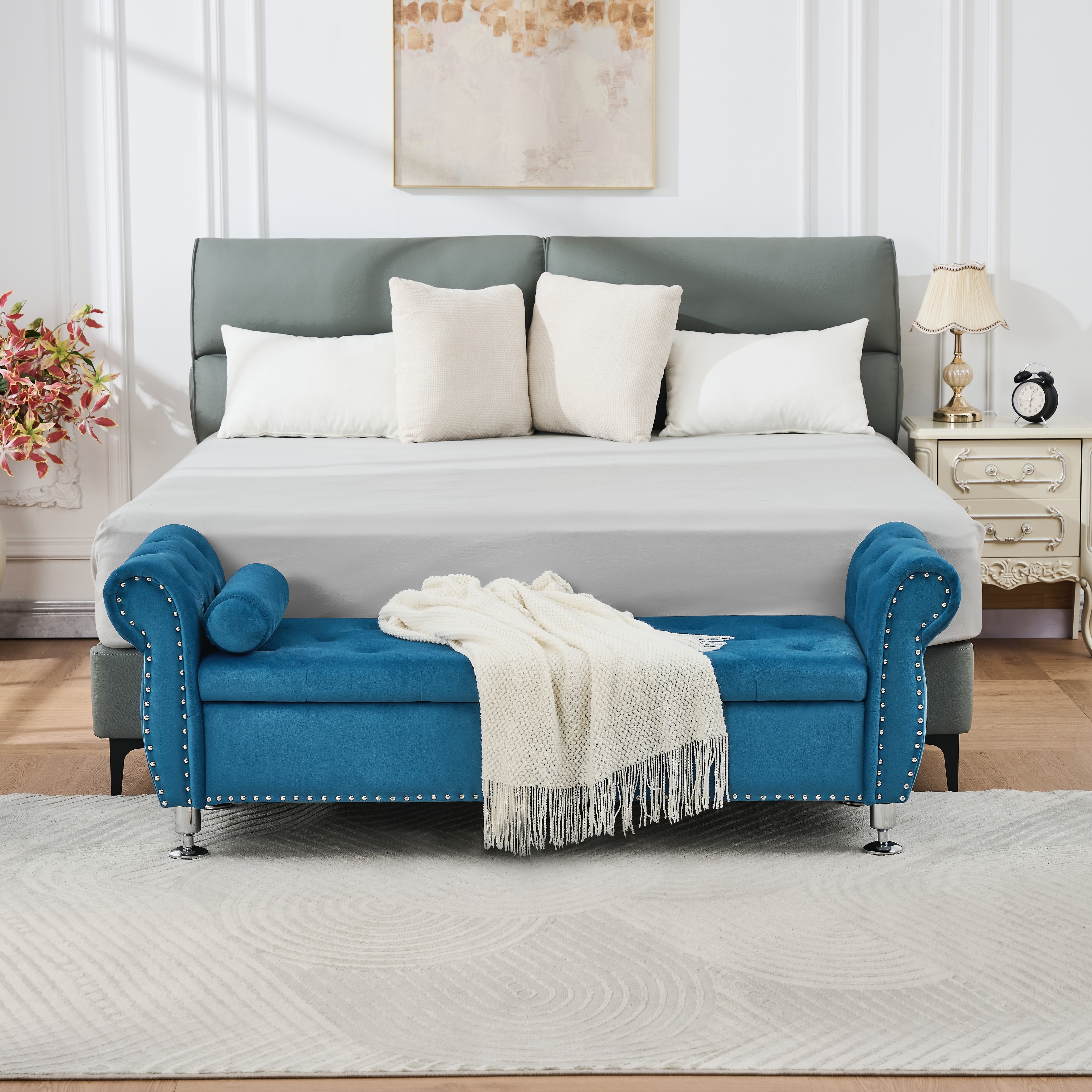 Velvet Storage Bench End of Bed Bench with Crystal Buttons, Vanity Bench Leisure Bench Accent Bench with 1 Pillow