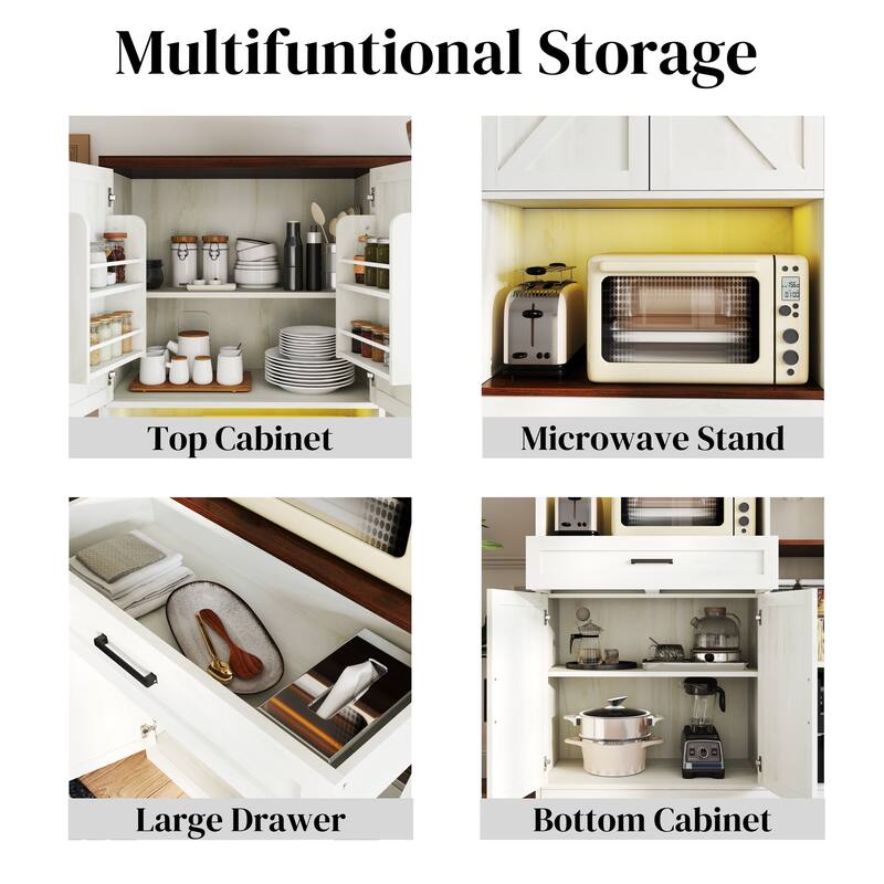 GDFStudio - Elsie 71" Farmhouse Kitchen Pantry Sideboard with Hutch, Drawer, Glass Holder & Charging Station