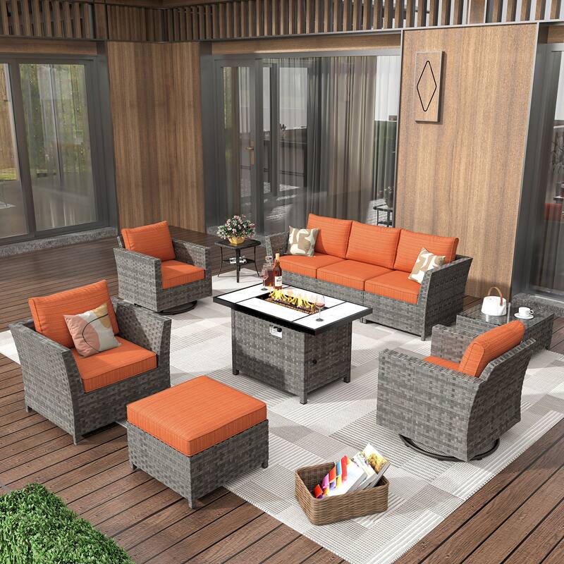 HOOOWOOO 10-piece Wicker Patio Furniture Outdoor Sectional Sofa Set with Fire Pit - Red/Orange