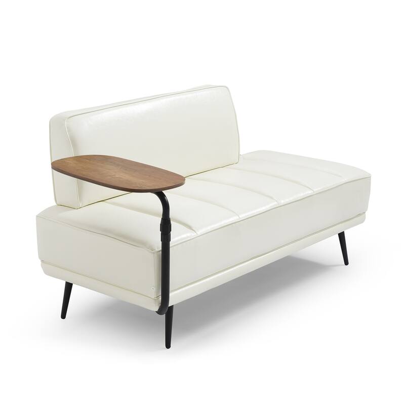 PU Leather Upholstered End of Bed Bench, 360-Degree Swivel Tray Small Loveseat, Window Bench with Side Table & Metal Legs