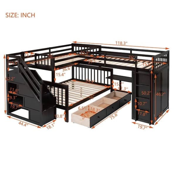 Twin-Twin over Full L-Shaped Bunk Bed with Portable Desk and Wardrobe, Wooden Kids Loft Bed Frame with 3-Drawers, Espresso