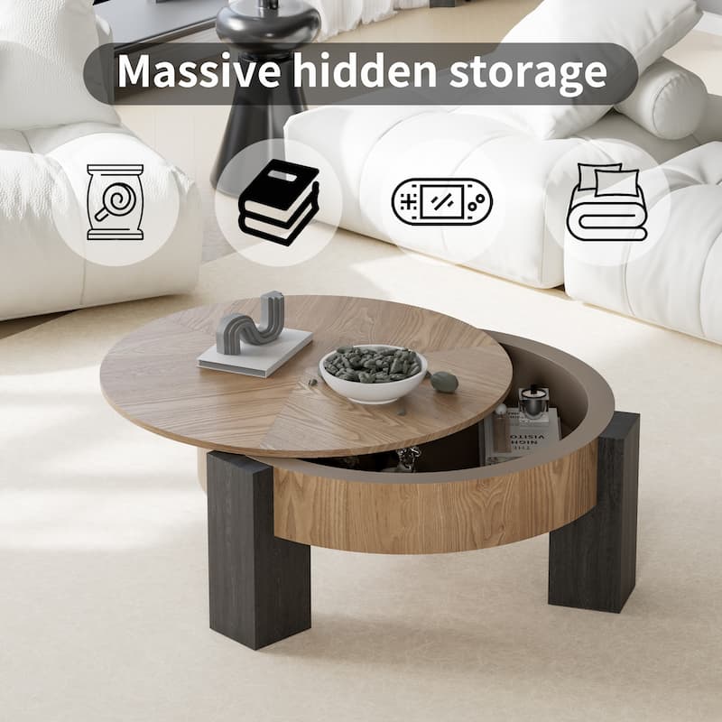 33" Modern Wabi-Sabi Wood Parquet Veneer Top Coffee Table with Hidden Storage