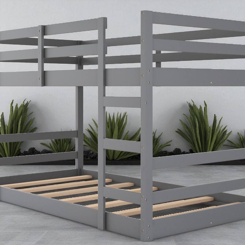 Twin Over Twin Wooden Bunk Bed with Ladder, Guardrails, Solid Pine Frame, No Box Spring Needed