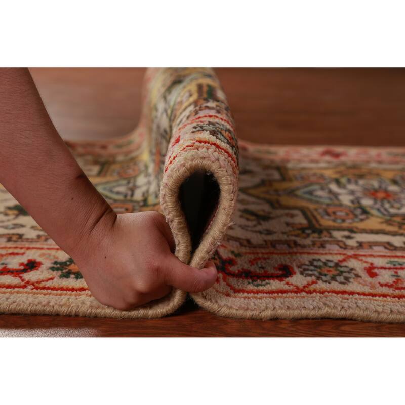 Hand Knotted Oriental 100% Wool Carpet Traditional Geometric Beige & Ivories Heriz (serapi) Runner Rug - 8' 1'' X 2' 7''