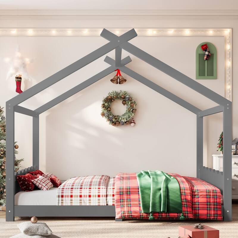 Roomfitters House Floor Bed with Support Slats, Solid Wood Open Frame Design