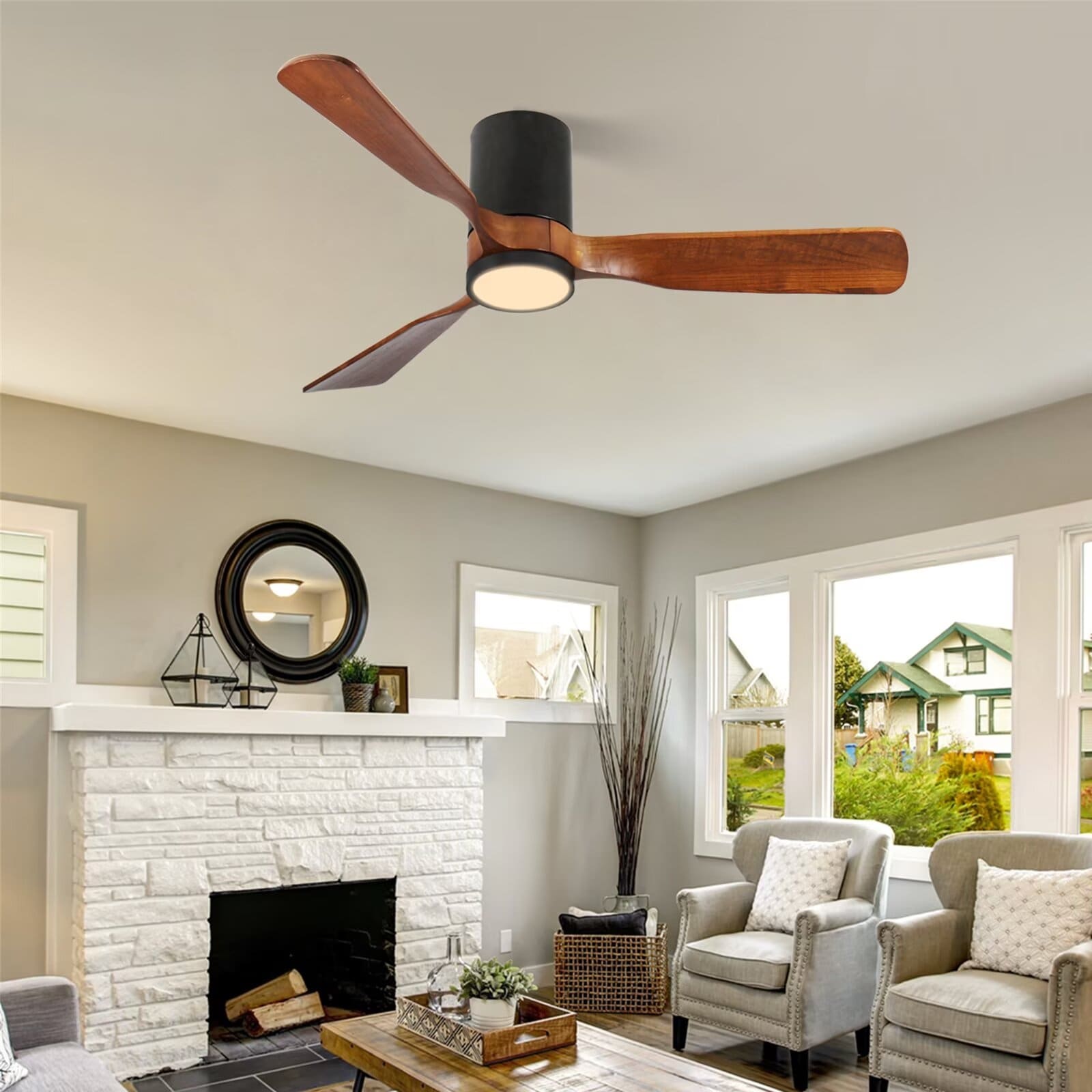 42" LED Flush Mount Ceiling Fan with Wood Blades, 6-Speed DC Remote Control