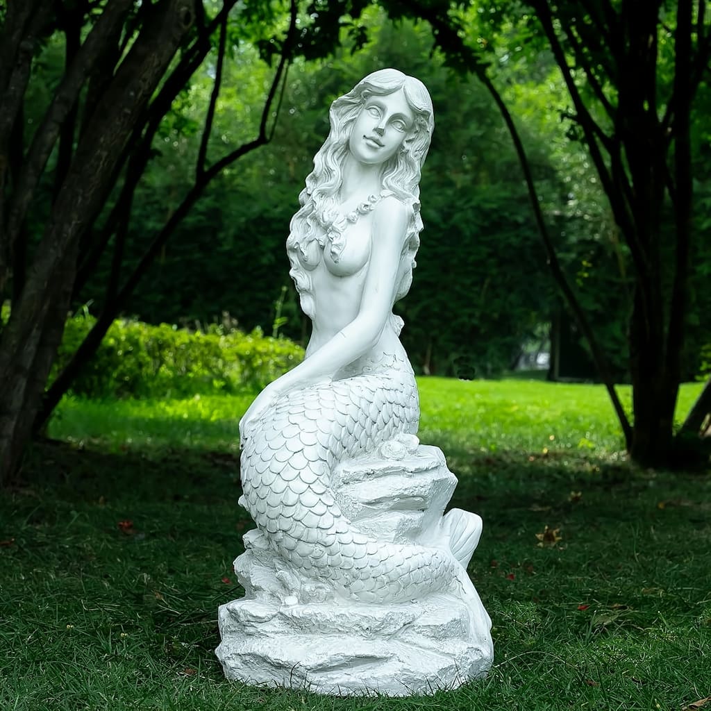 20"H Mermaid on Ocean Rock Garden Statue Resin Sculpture Large Mermaid Figurine Collectible Nautical Fairy Tale