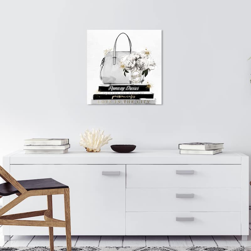 Wynwood Studio Canvas Fashion and Glam My Purse and Books Classic Square White and Metallic Gold Glam Wall Art Canvas Print - 20 x 20