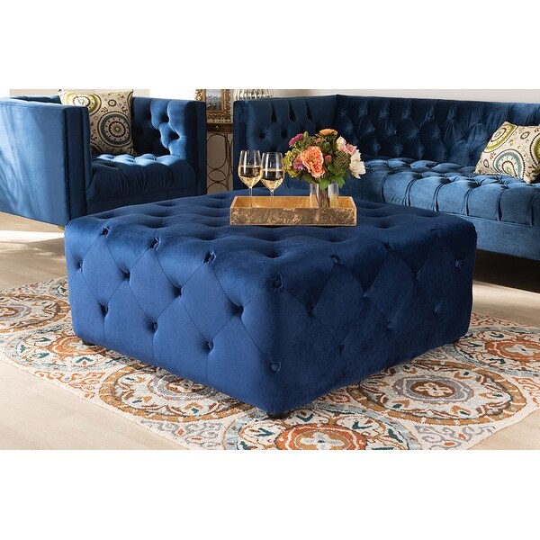 Luke Royal Blue Velvet Fabric Button-Tufted Cocktail Ottoman