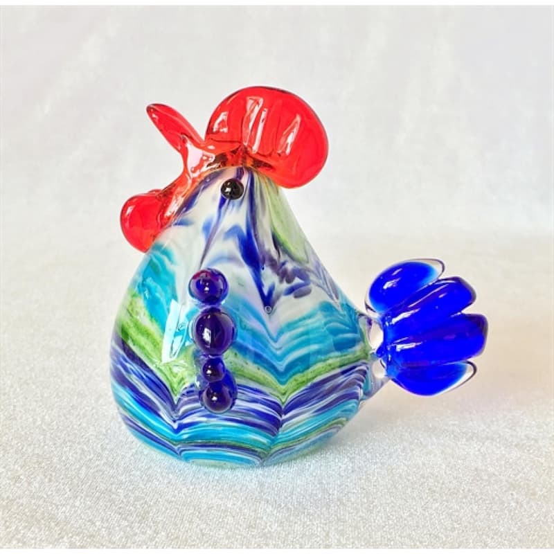 Hand Made Multi Color Striped Glass Rooster With Red Comb Figurine