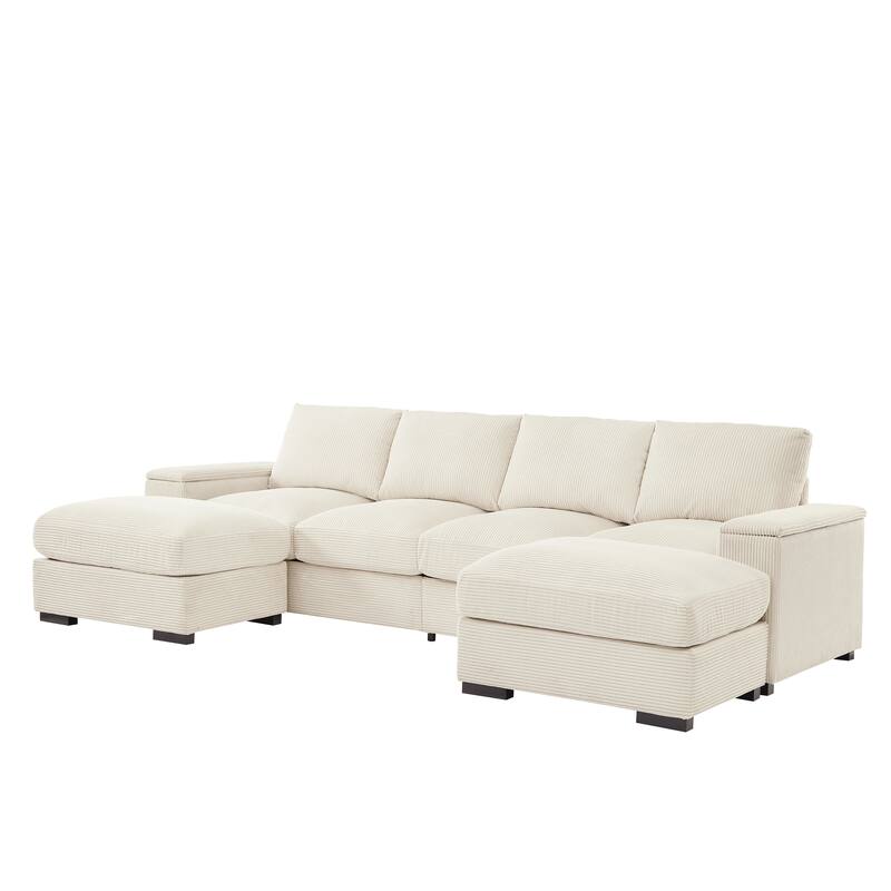 122" Corduroy U-Shaped Sectional Sofa with 2 Ottomans, Deep Seating and Arm Storage - Convertible 4-Seat Sleeper Sofa