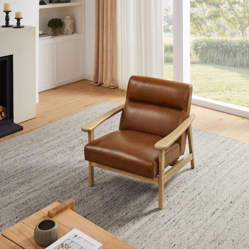 Modern Genuine Leather Accent Armchair with Natural Solid Wood Frame
