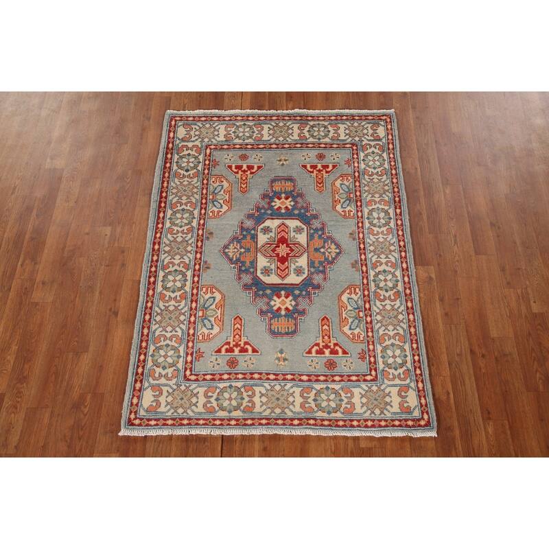 Geometric Kazak Oriental Accent Rug Hand-Knotted Blue Wool Carpet - 3'5"x 4'10"