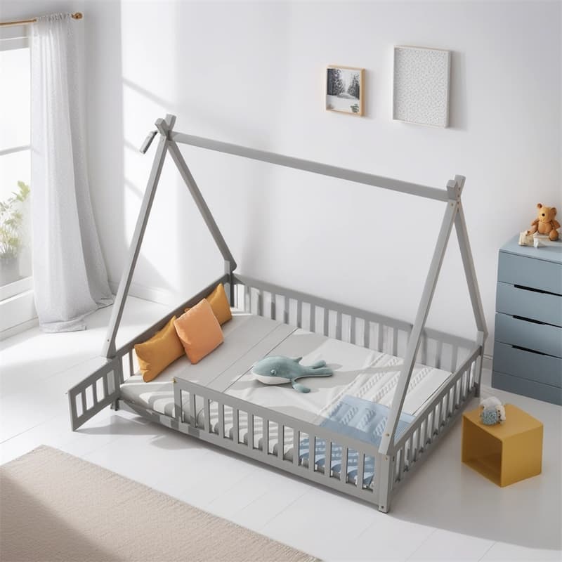 Full Tent-shaped Floor Bed,with Guardrails,Slats,Door