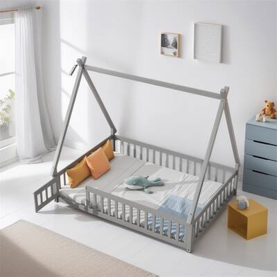 Full Tent-shaped Floor Bed,with Guardrails,Slats,Door