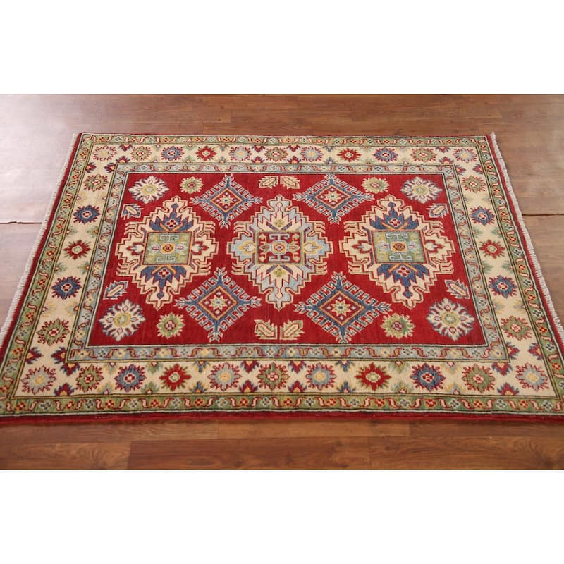 Red Geometric Kazak Oriental Accent Rug Handmade Wool Carpet - 3'6"x 4'9"
